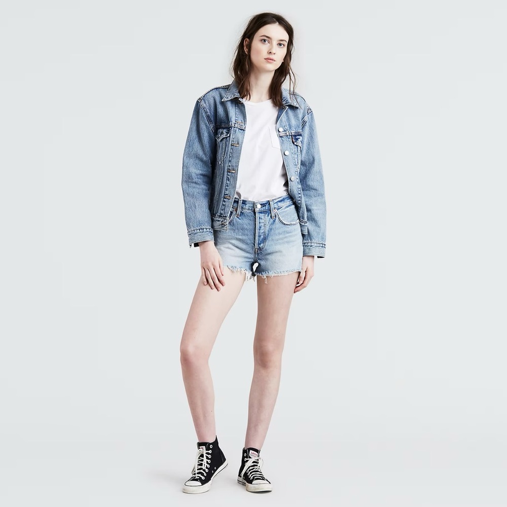 Levi’s 501 high rise raw hem distressed light wash shorts